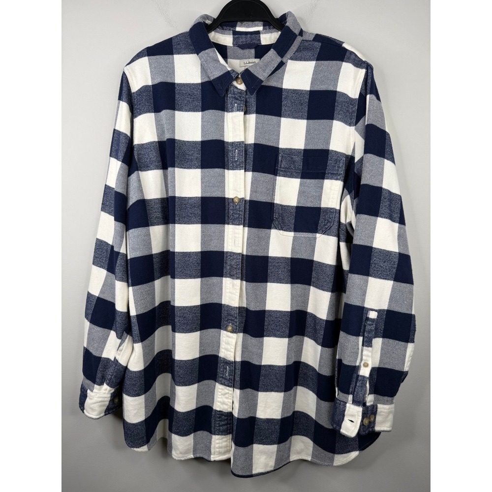 L.L.Bean Womens 2X Plus Buffalo Plaid Flannel Shirt Navy White Organic Cotton